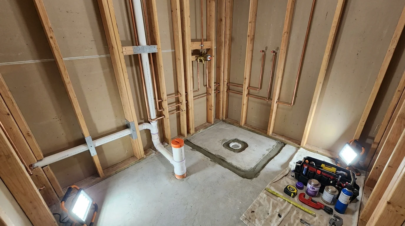 Bathroom rough-in plumbing during remodel by Johns Plumbing LLC in Dripping Springs