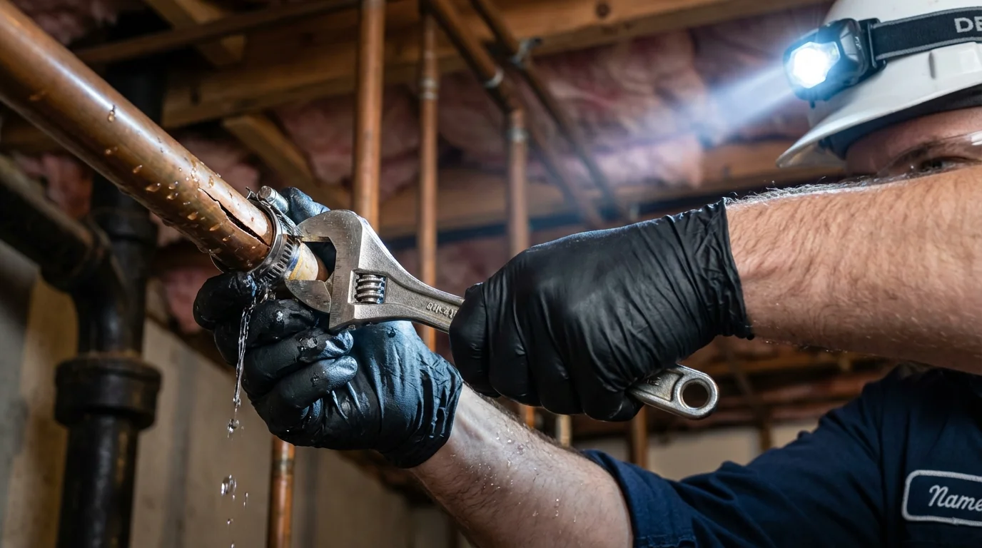 Emergency pipe clamp repair being performed by a Johns Plumbing LLC plumber in Dripping Springs