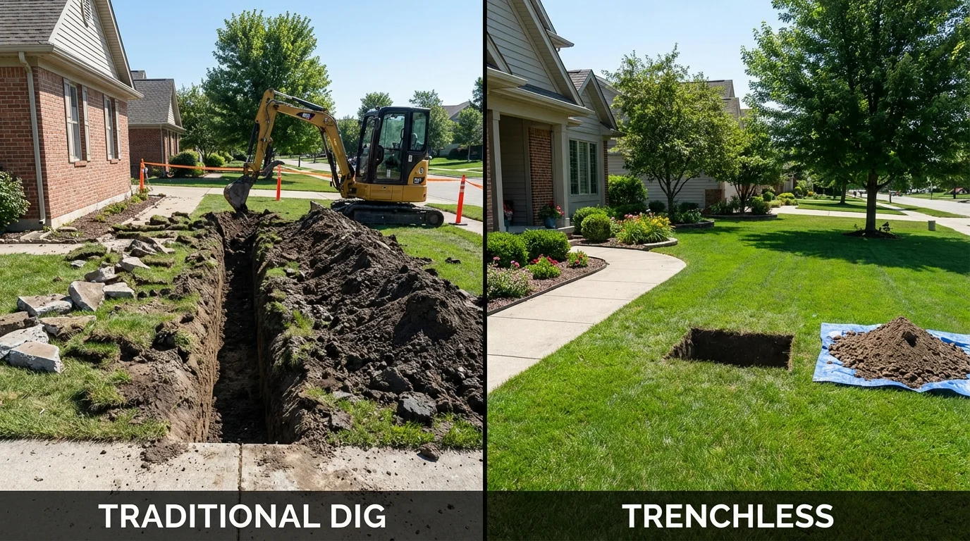 Trenchless sewer repair with minimal yard damage versus traditional excavation in Dripping Springs, TX