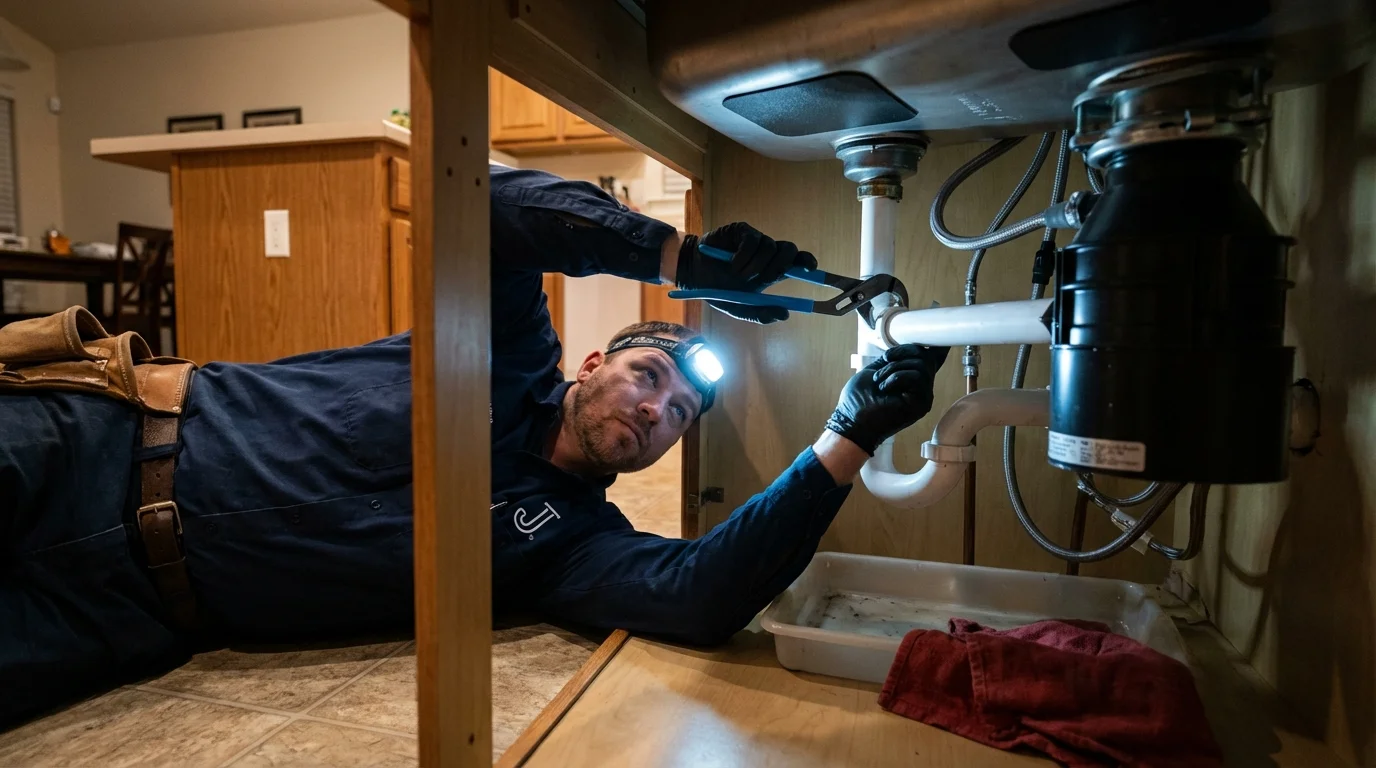 P-trap and supply line connections under a kitchen sink showing a common leak point in Dripping Springs, TX